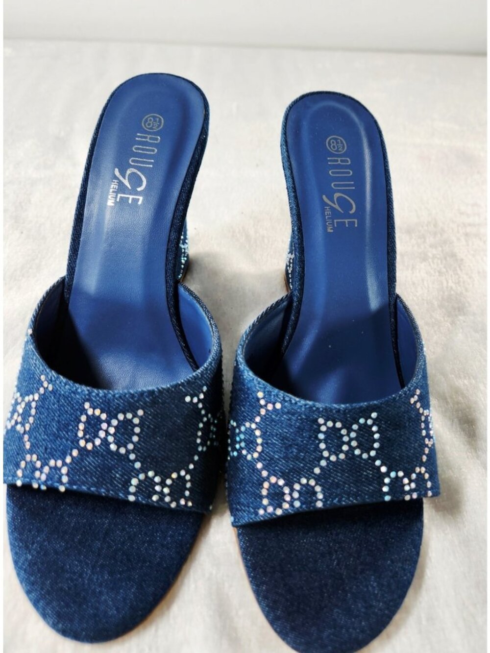 Rouge Helium Rhinestone Wedge Mules-Blue Denim Look-SZ 8.5